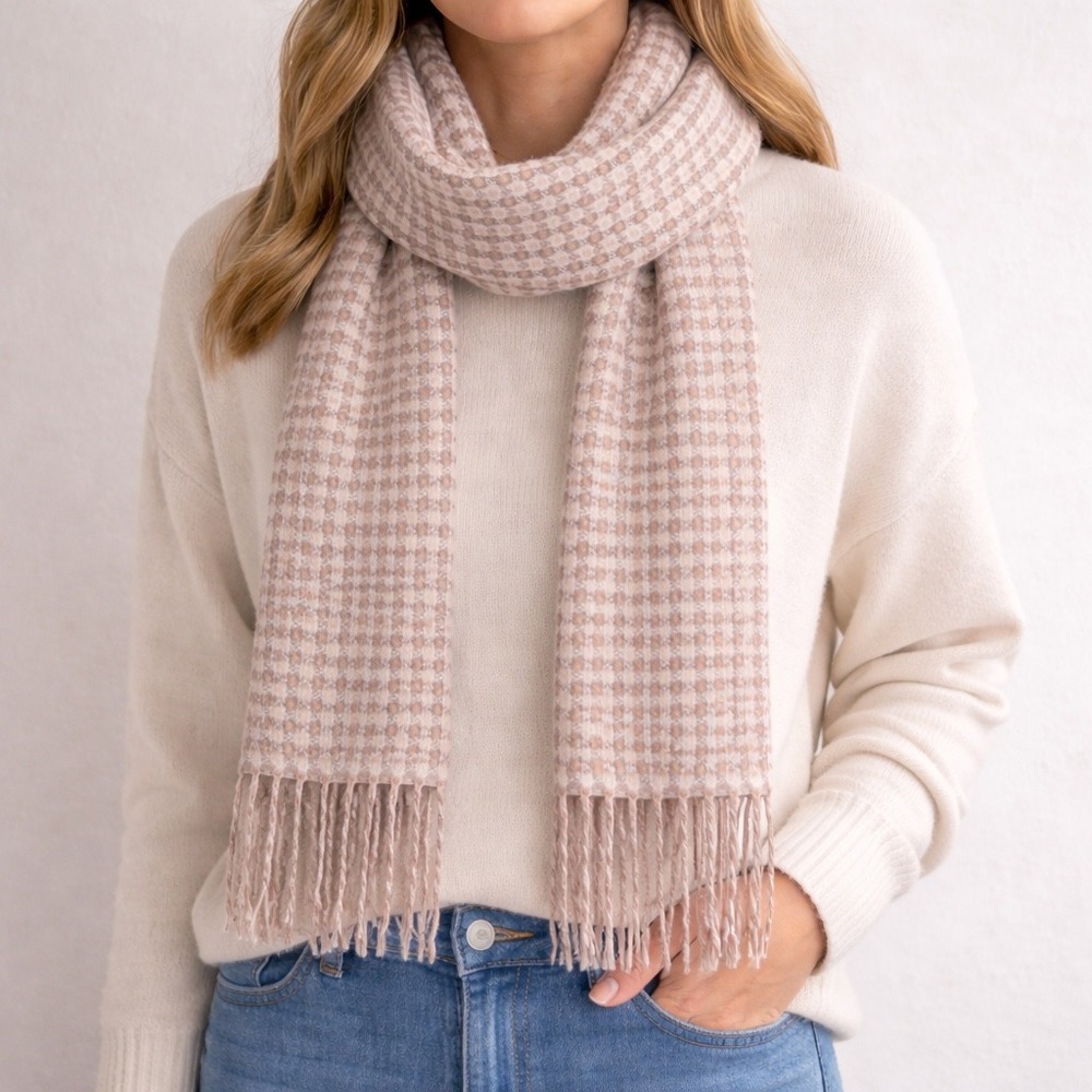 Made in Scotland Scarf Womens OS Pink Brown‎ Cashmere Geometric Box Fringe Warm